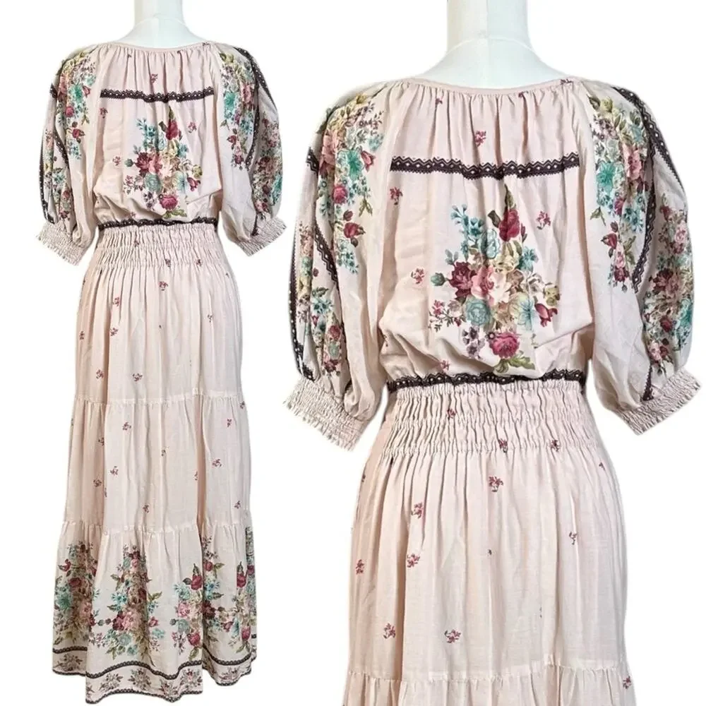 Anthropologie The Somerset Puff Sleeve Maxi Dress Cream Floral Cottage Small - Picture 9 of 13